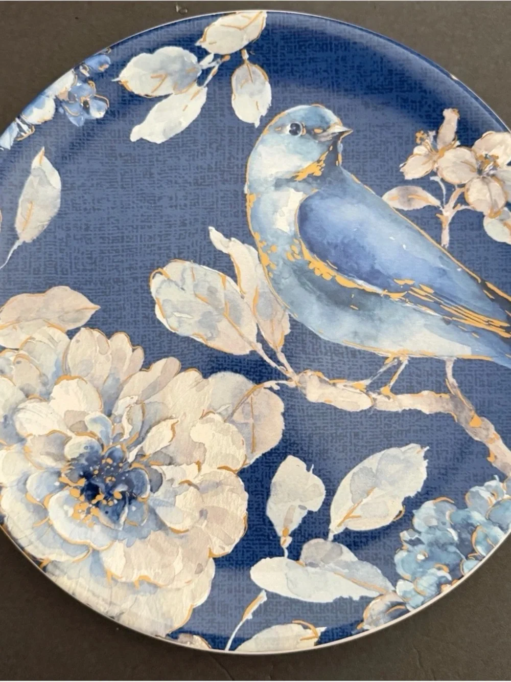 INDIGOLD Set of 3 Blue Bird Floral Plates 9” Gold Details
